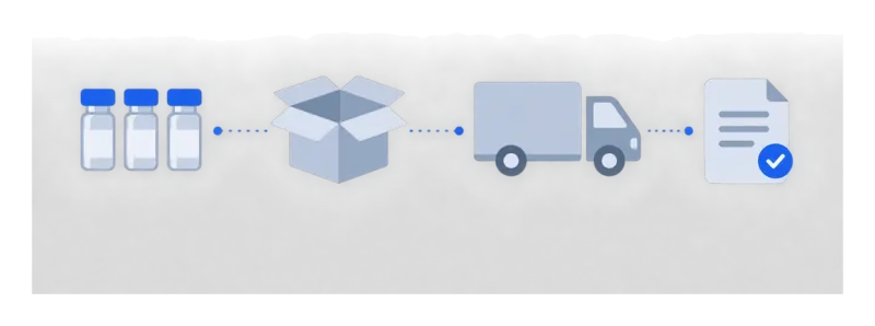 Vials packed into a box, shipped by truck, and closed with a confirmed invoice